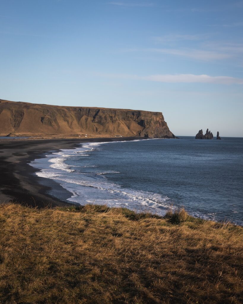 Vertical shot of the territory at the Dyrholaey Vik in Iceland